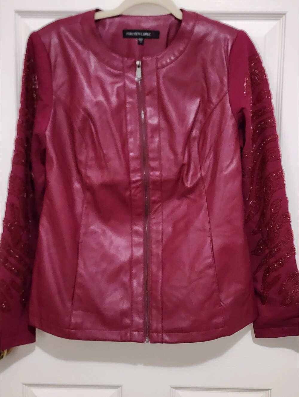 NWOT Beaded Burgundy Leather & Knit Jacket By Colleen Lopez